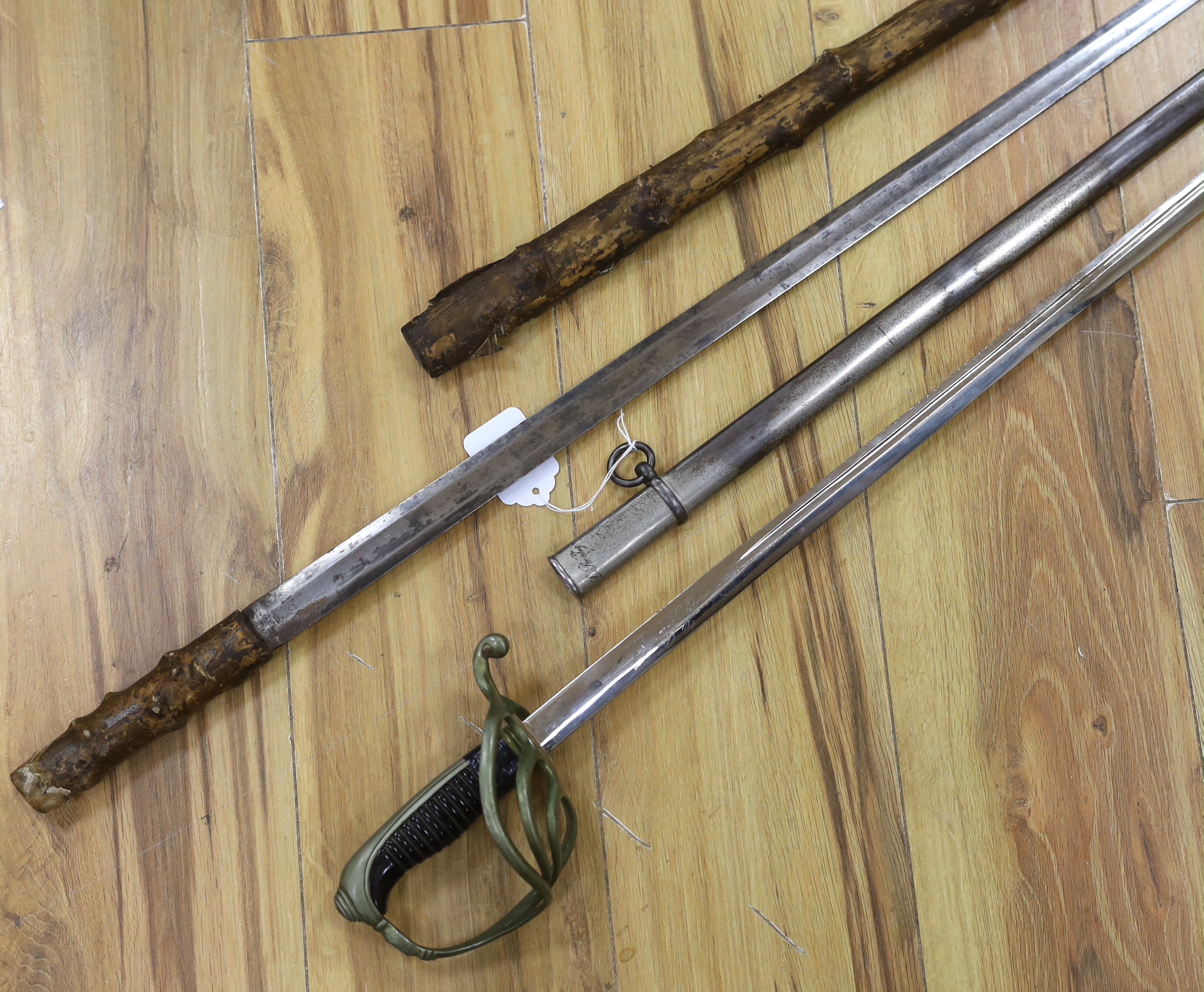 A late 19th century dress sword, 87cm blade, and a bamboo-effect sword stick